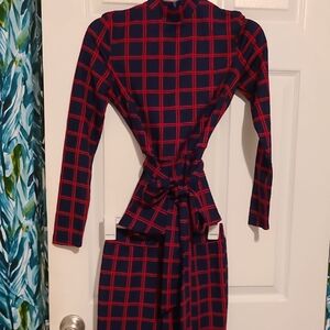 Red and Blue Plaid Long Sleeve Dress
